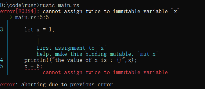 rust E0384,cannot assign twice to immutable variable `x`