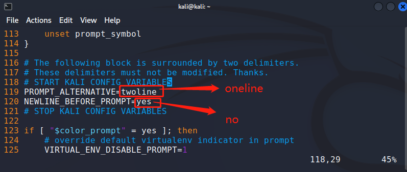 Kali terminal single-line display configuration