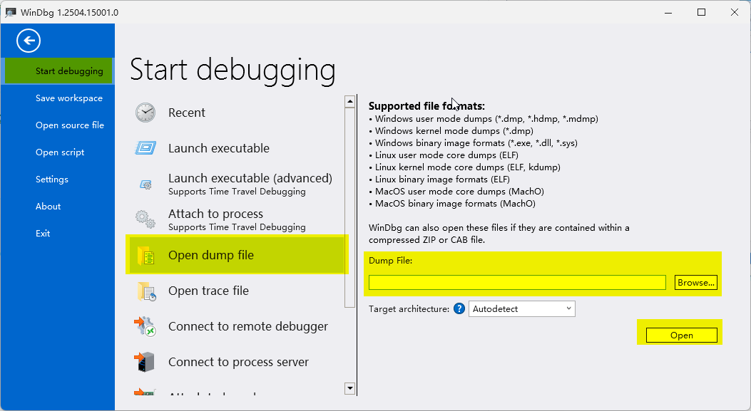 Open Dump File with WinDbg